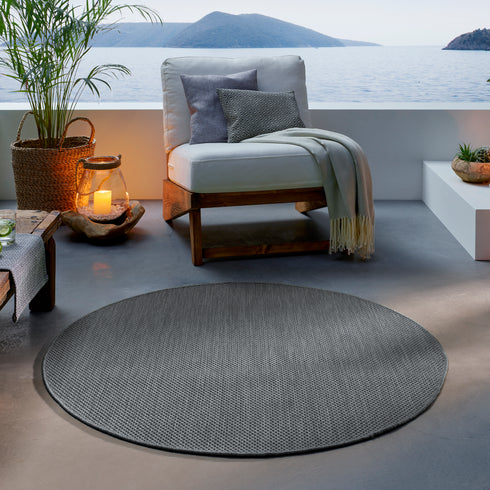 Outdoor Teppich | Für Drinnen und Draußen | Terrasse Balkon Garten Wohnzimmer Badezimmer Küche Flur Läufer | Anthrazit Rund